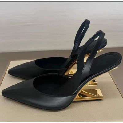 Sandalias de tacón para mujer con diseño geométrico metálico punta fina - Valeria