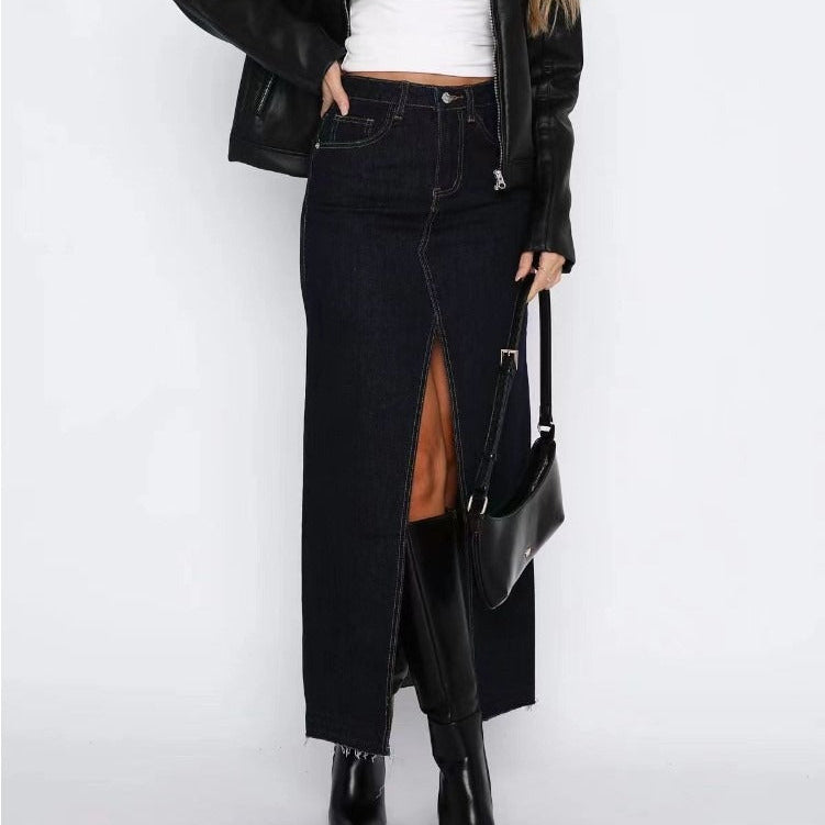 Falda larga para mujer denim tiro alto con abertura trasera - Emilie
