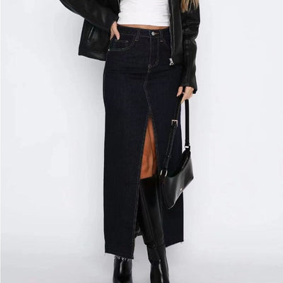 Falda larga para mujer denim tiro alto con abertura trasera - Emilie