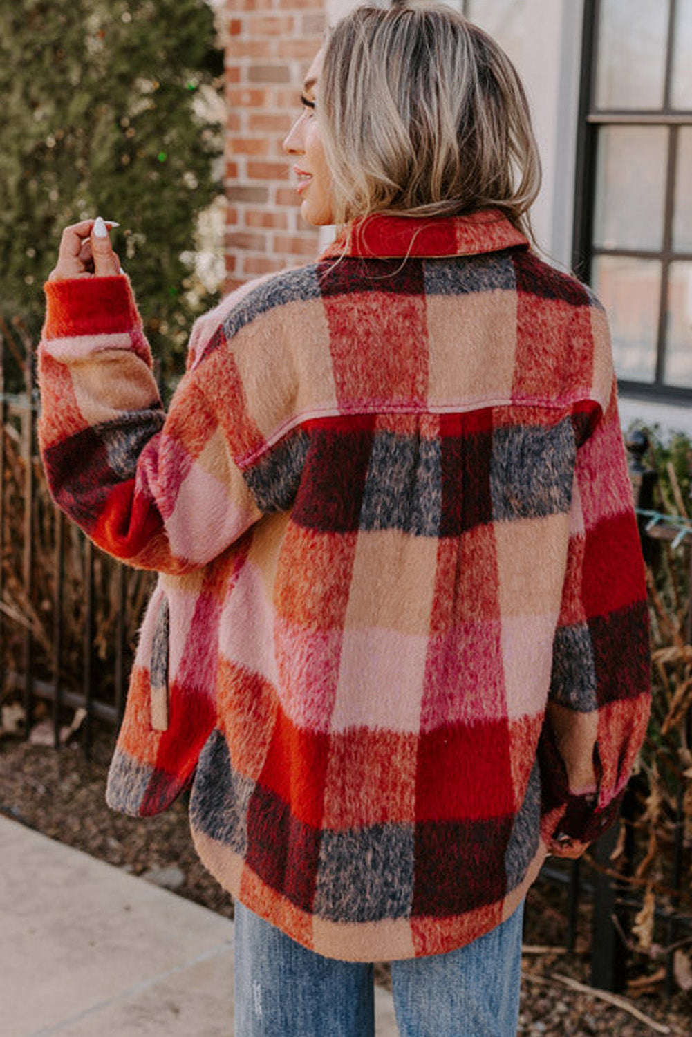 Danella - Chaqueta casual naranja grande a cuadros con bolsillos de solapa y botones