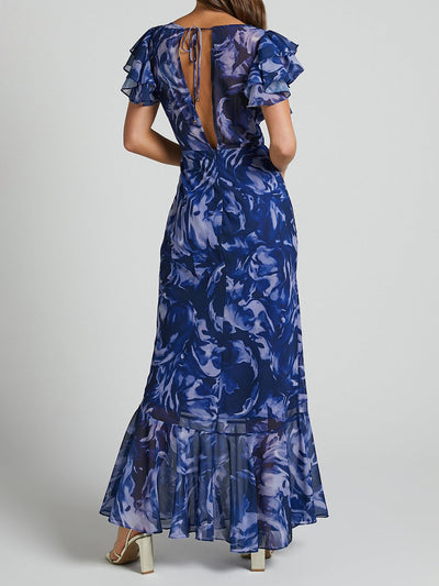 Sarah - Vestido maxi de chiffón estampado con escote en V