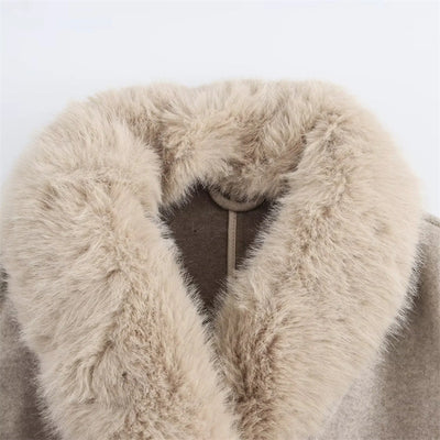 Abrigo largo de lana con cuello de pelo sintetico - Blanca