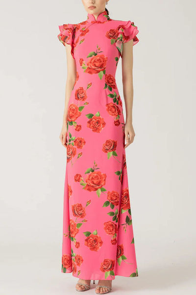 Elena - Vestido Largo con Mangas Acampanadas y Estampado Floral de Rosas