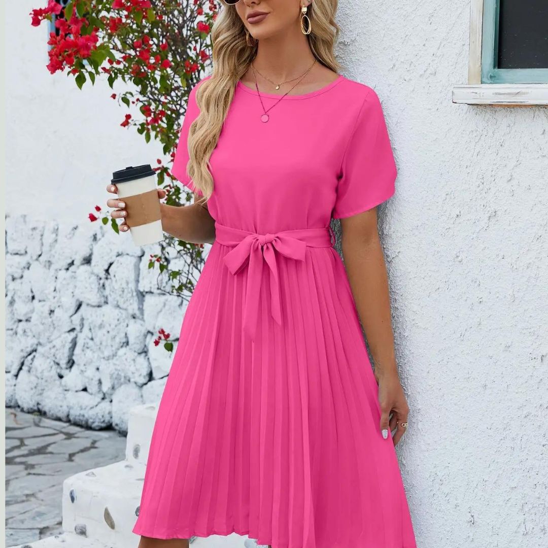 Bellavie - Vestido midi plisado clásico con lazo en la cintura