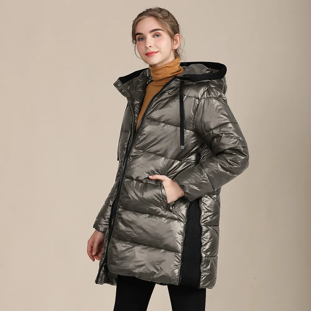 Katty - Chaqueta de invierno acolchada de nailon brillante para mujer con capucha