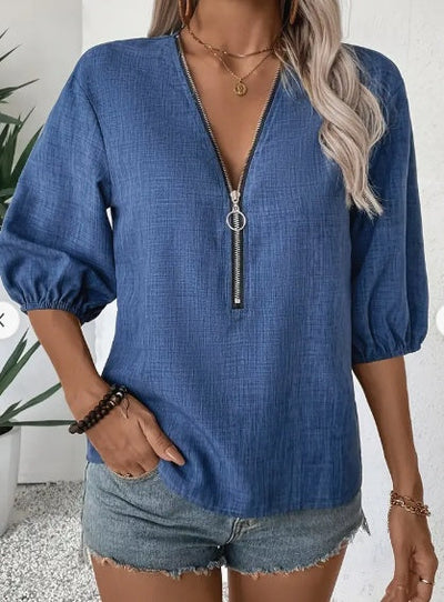 Elizabeth - Elegante blusa de mujer con profundo escote en V y cierre de cremallera
