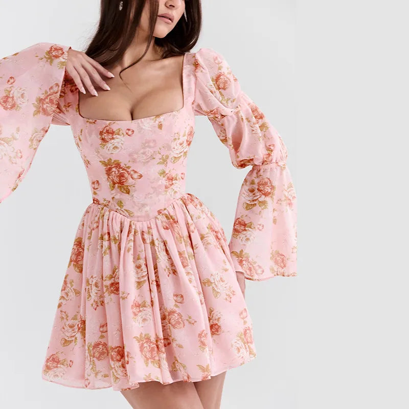 Danys - Vestido Mini Rosa con Estampado Floral y Estilo Dulce