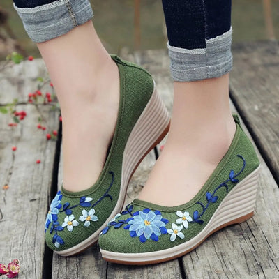 Zapatos de cuña para mujer bordado floral artesanal - Amelia