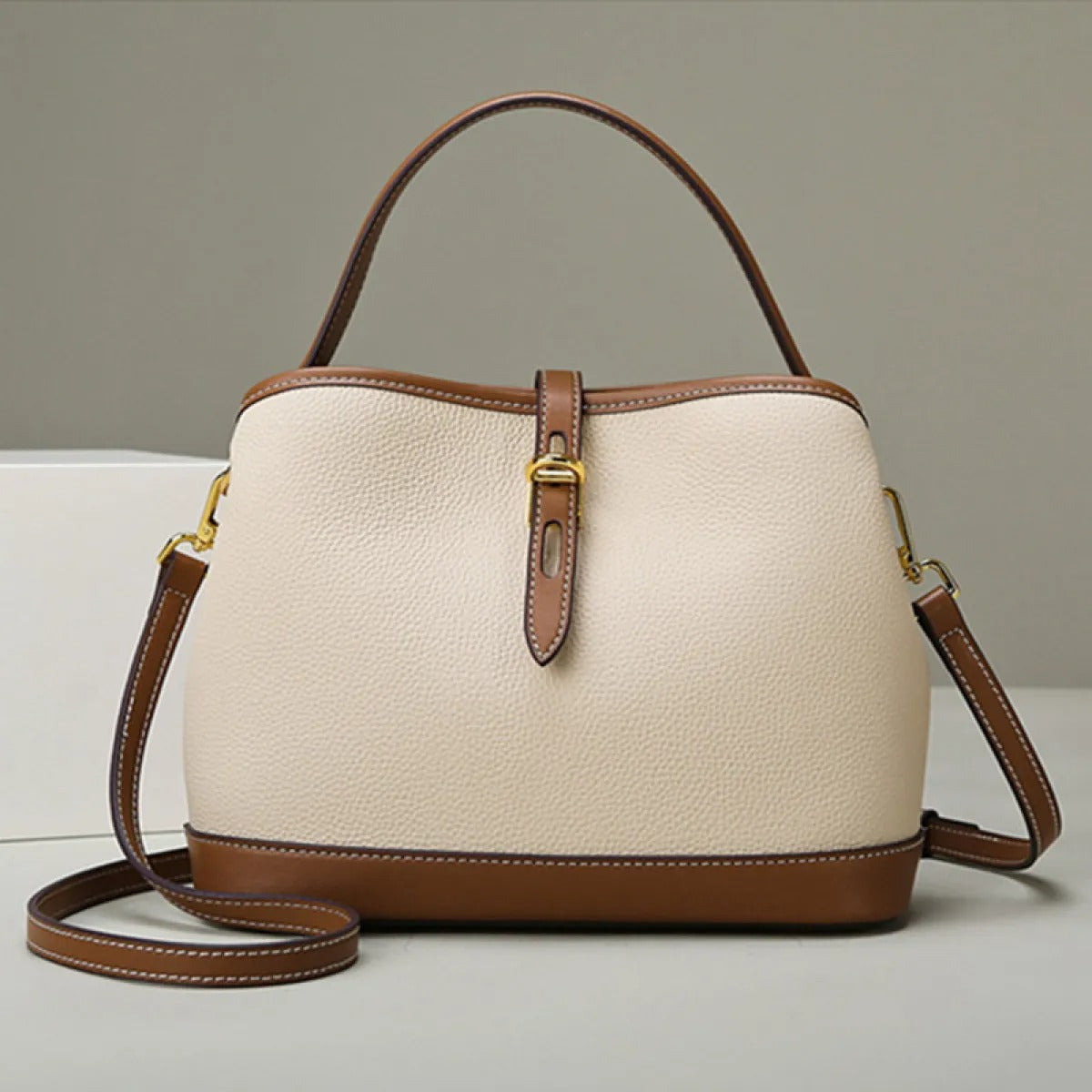 Bolso de hombro para mujer de piel texturizada bicolor estilo estructurado - Teresa