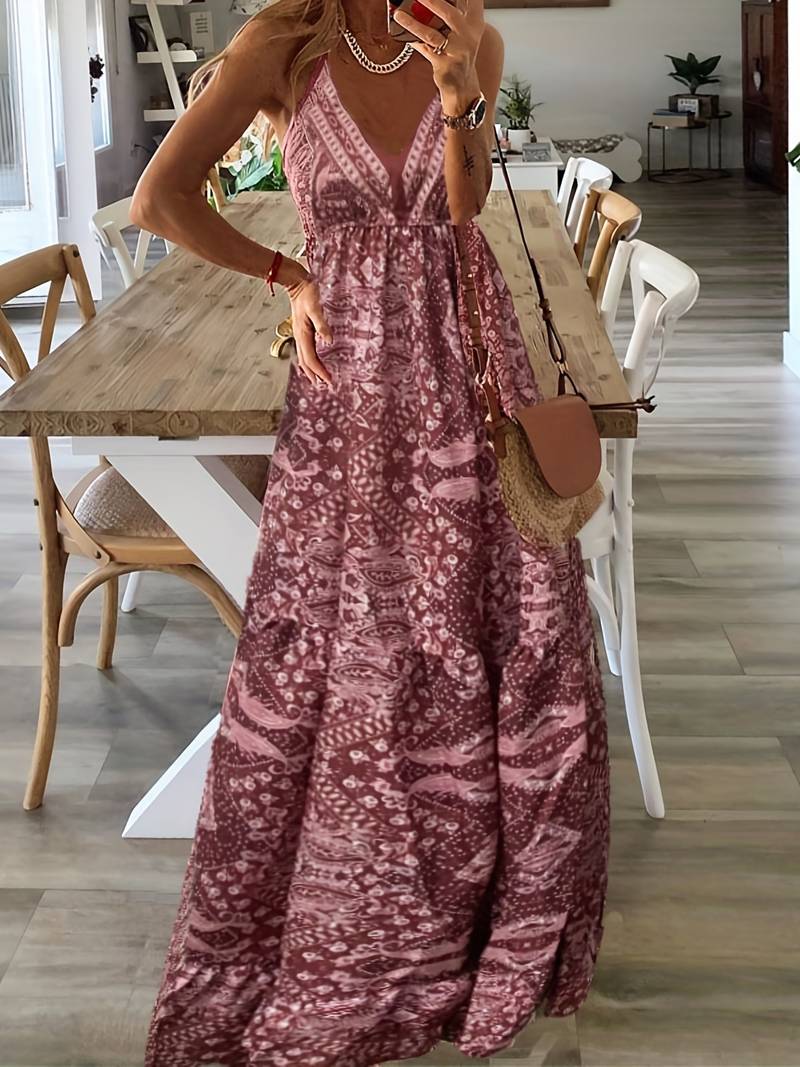 Yeva - Maxivestido bohemio con estampado étnico