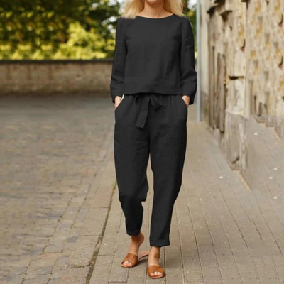 Valentina - Elegante conjunto de blusa y pantalón de algodón y lino