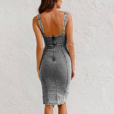 Vestido ajustado para mujer denim con abertura y tirantes - Aitana