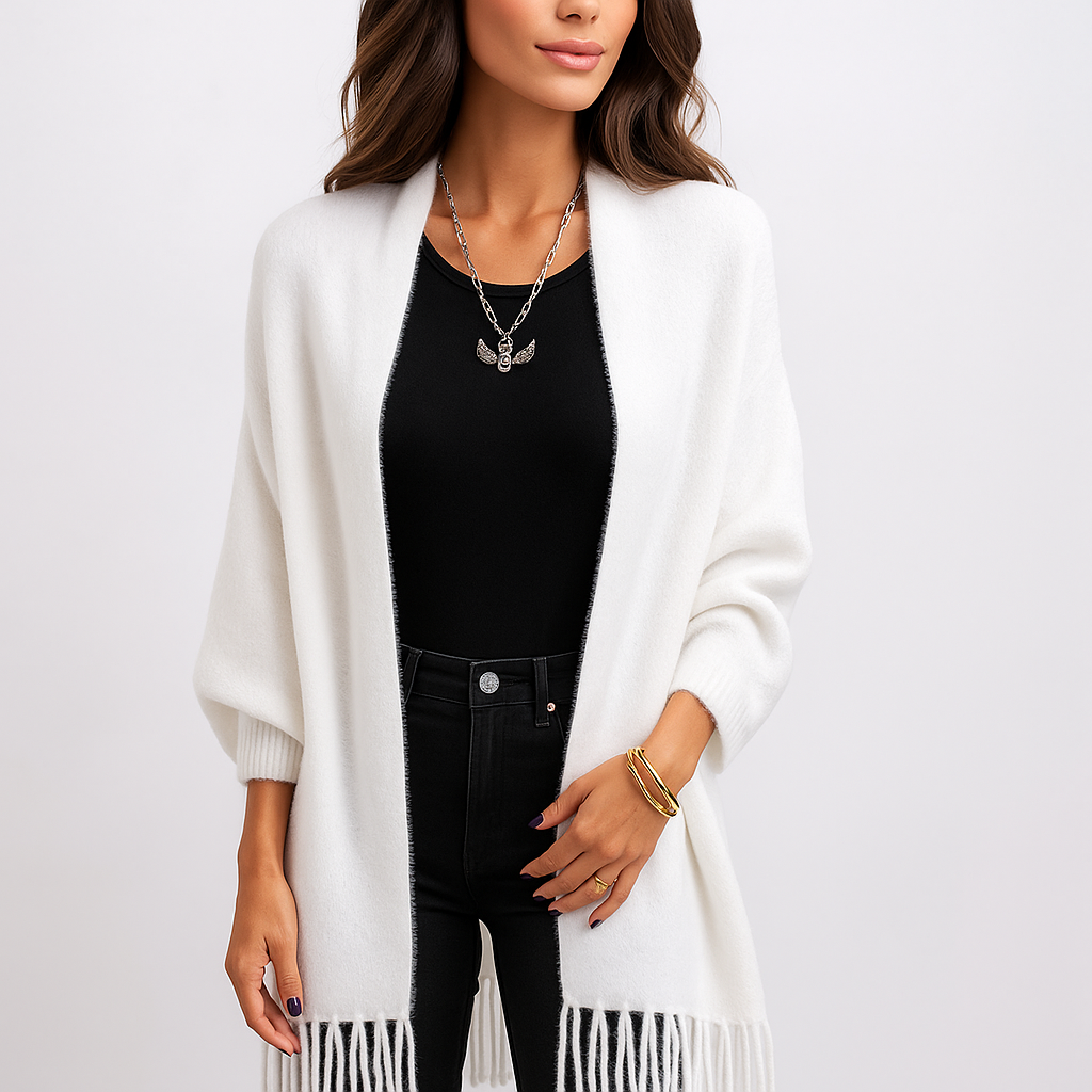 Cardigan de mujer largo moderno con flecos decorativos - Malkova