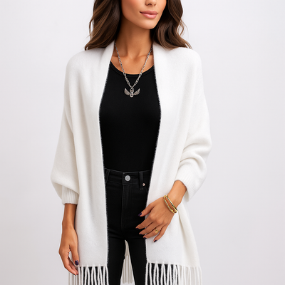 Cardigan de mujer largo moderno con flecos decorativos - Malkova