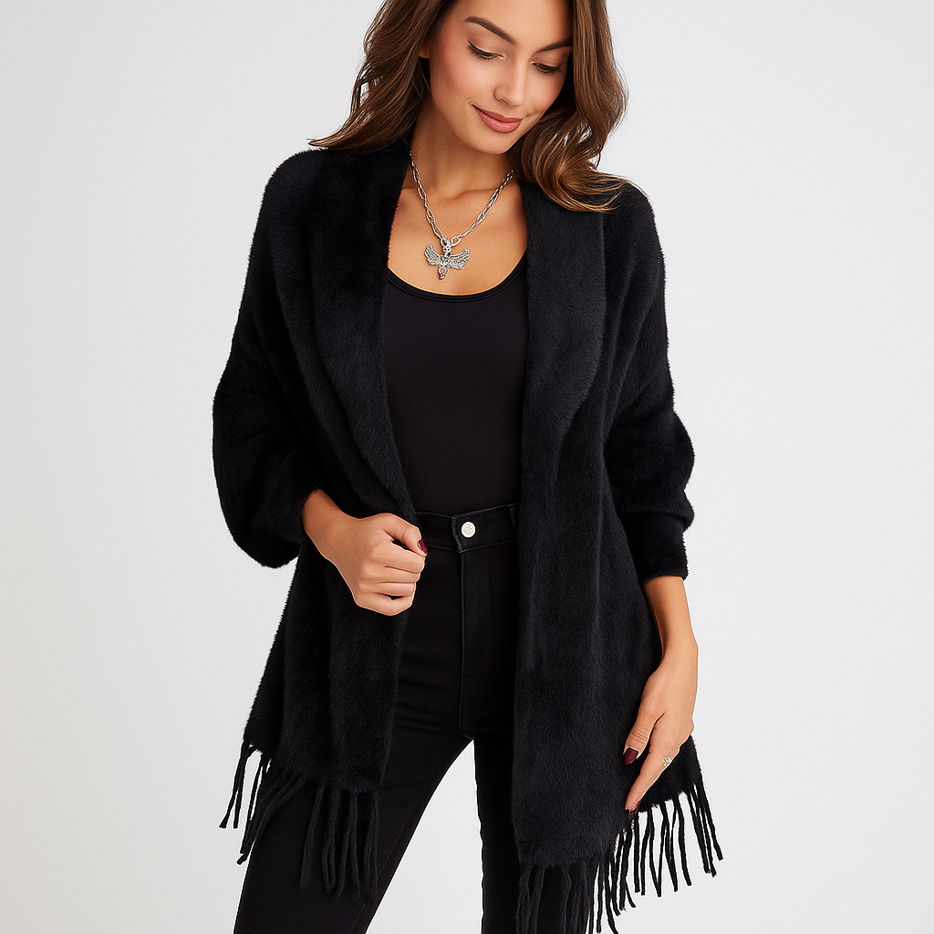 Cardigan de mujer largo moderno con flecos decorativos - Malkova