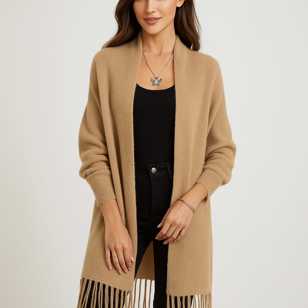 Cardigan de mujer largo moderno con flecos decorativos - Malkova