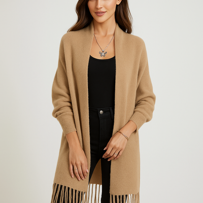 Cardigan de mujer largo moderno con flecos decorativos - Malkova