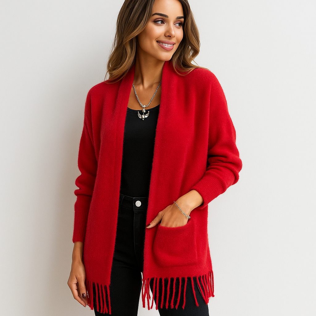 Cardigan de mujer largo moderno con flecos decorativos - Malkova