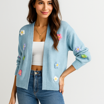 Cardigan de mujer en punto con apliques florales decorativos - Lily