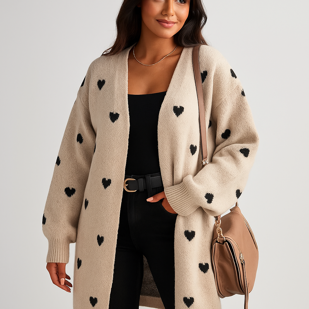 Cardigan de mujer largo con corazones bordados - Idris