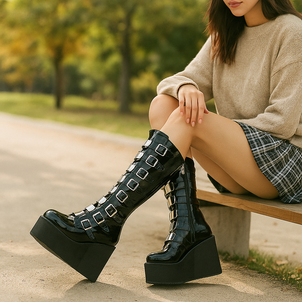Botas mujer plataforma caña media piel vegana con hebillas - Melody