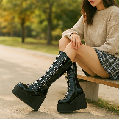 Botas mujer plataforma caña media piel vegana con hebillas - Melody