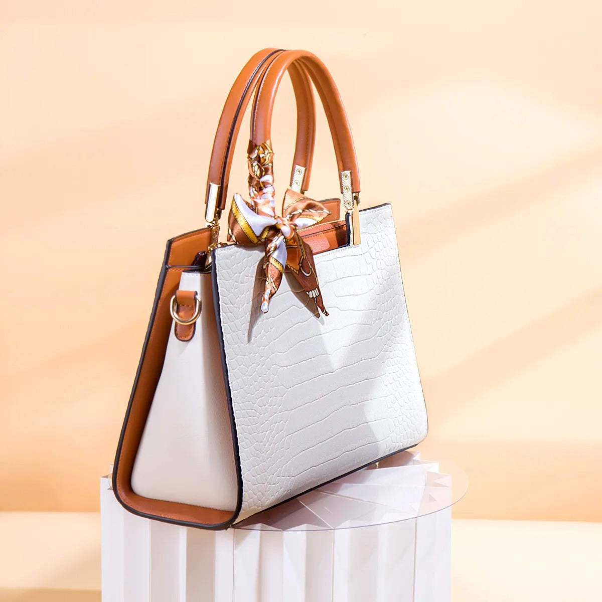 Bolso de mano para mujer efecto cocodrilo con pañuelo decorativo - Mireille