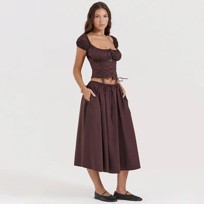 Tania - Conjunto de top y falda de manga abullonada y cuello cuadrado
