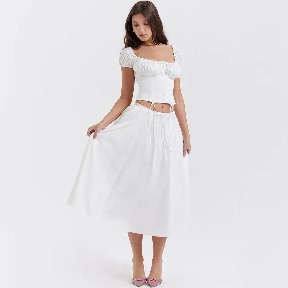 Tania - Conjunto de top y falda de manga abullonada y cuello cuadrado