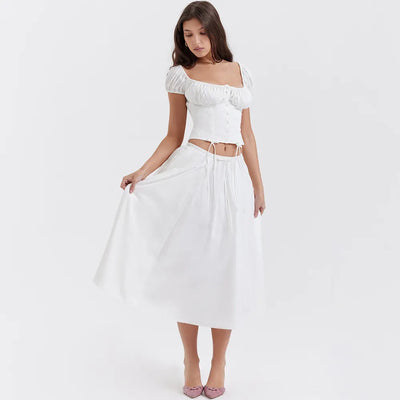 Tania - Conjunto de top y falda de manga abullonada y cuello cuadrado