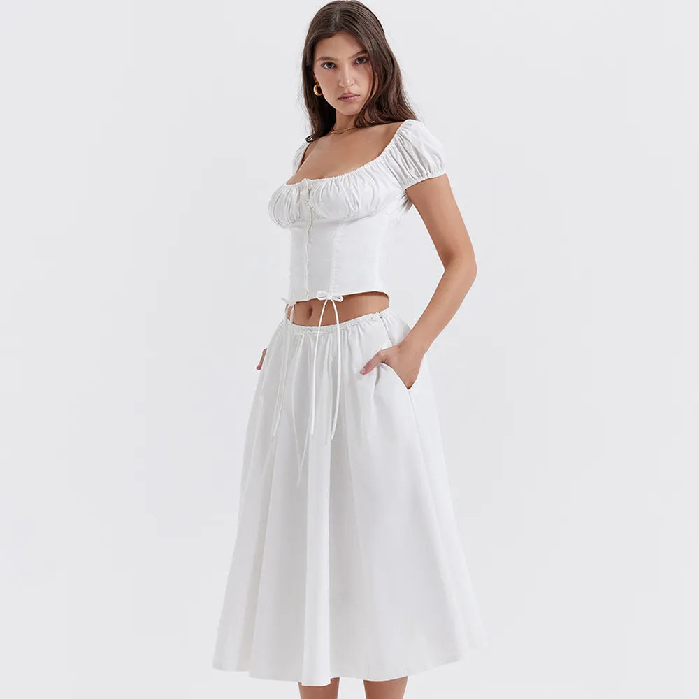 Tania - Conjunto de top y falda de manga abullonada y cuello cuadrado