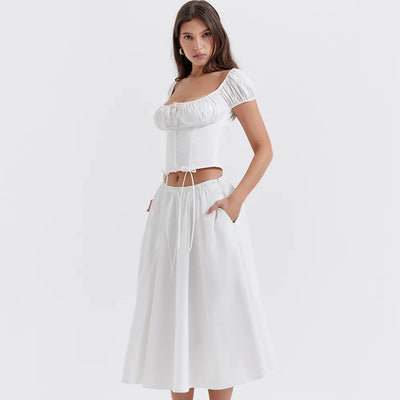Tania - Conjunto de top y falda de manga abullonada y cuello cuadrado
