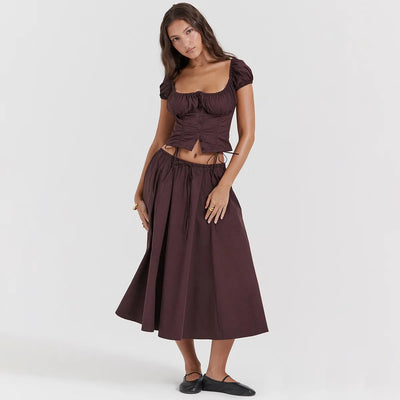 Tania - Conjunto de top y falda de manga abullonada y cuello cuadrado