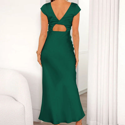 Vestido largo para mujer satinado escote en V estilo formal - Ámbar
