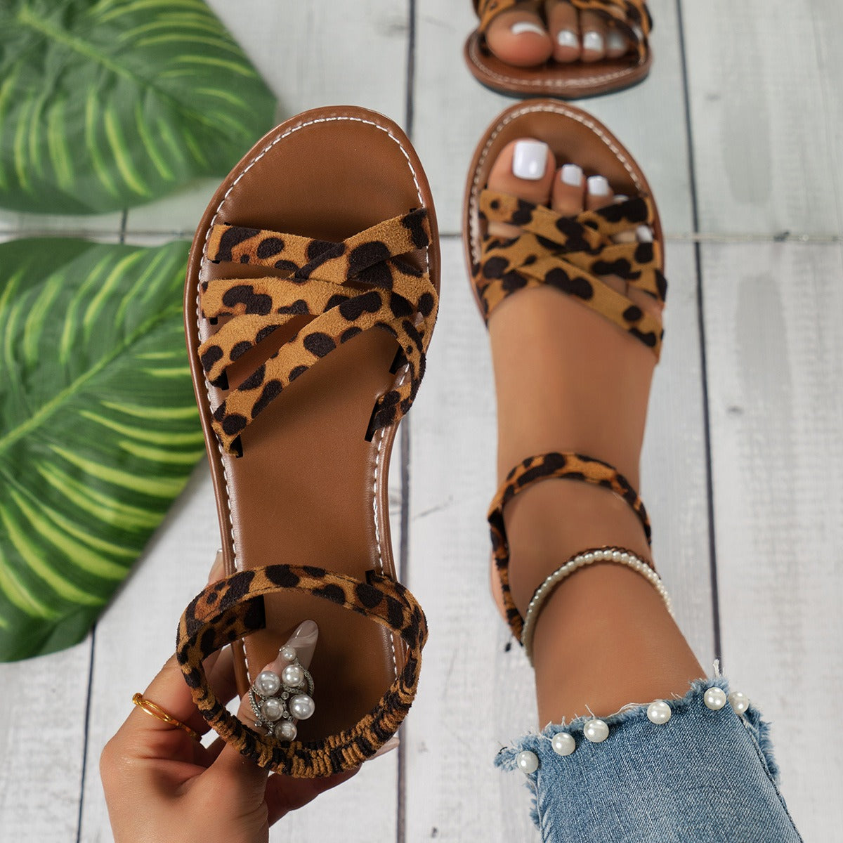 Sandalias planas mujer tiras cruzadas estampado leopardo - Leira