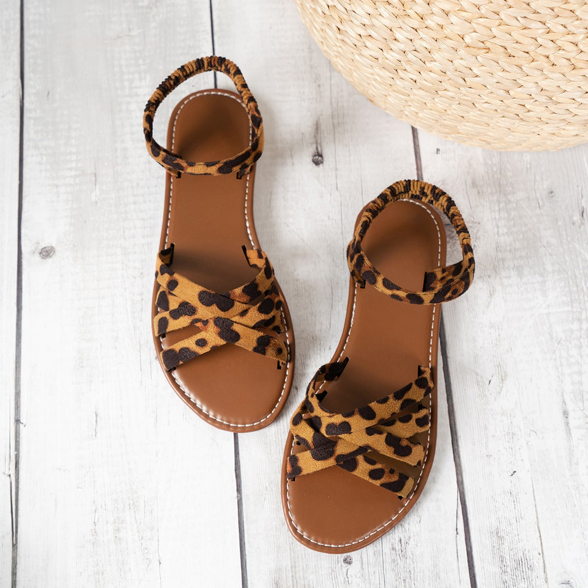 Sandalias planas mujer tiras cruzadas estampado leopardo - Leira