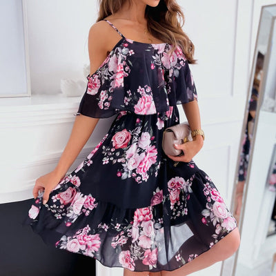 Vestido corto para mujer gasa floral con volantes y hombros descubiertos - Emilia