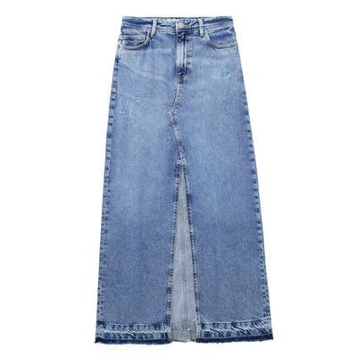 Falda larga para mujer denim tiro alto con abertura trasera - Emilie