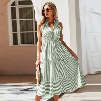 Vestido midi mujer sin mangas estilo camisero a rayas - Estela