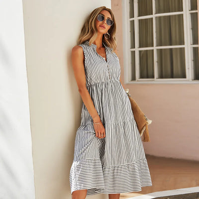 Vestido midi mujer sin mangas estilo camisero a rayas - Estela