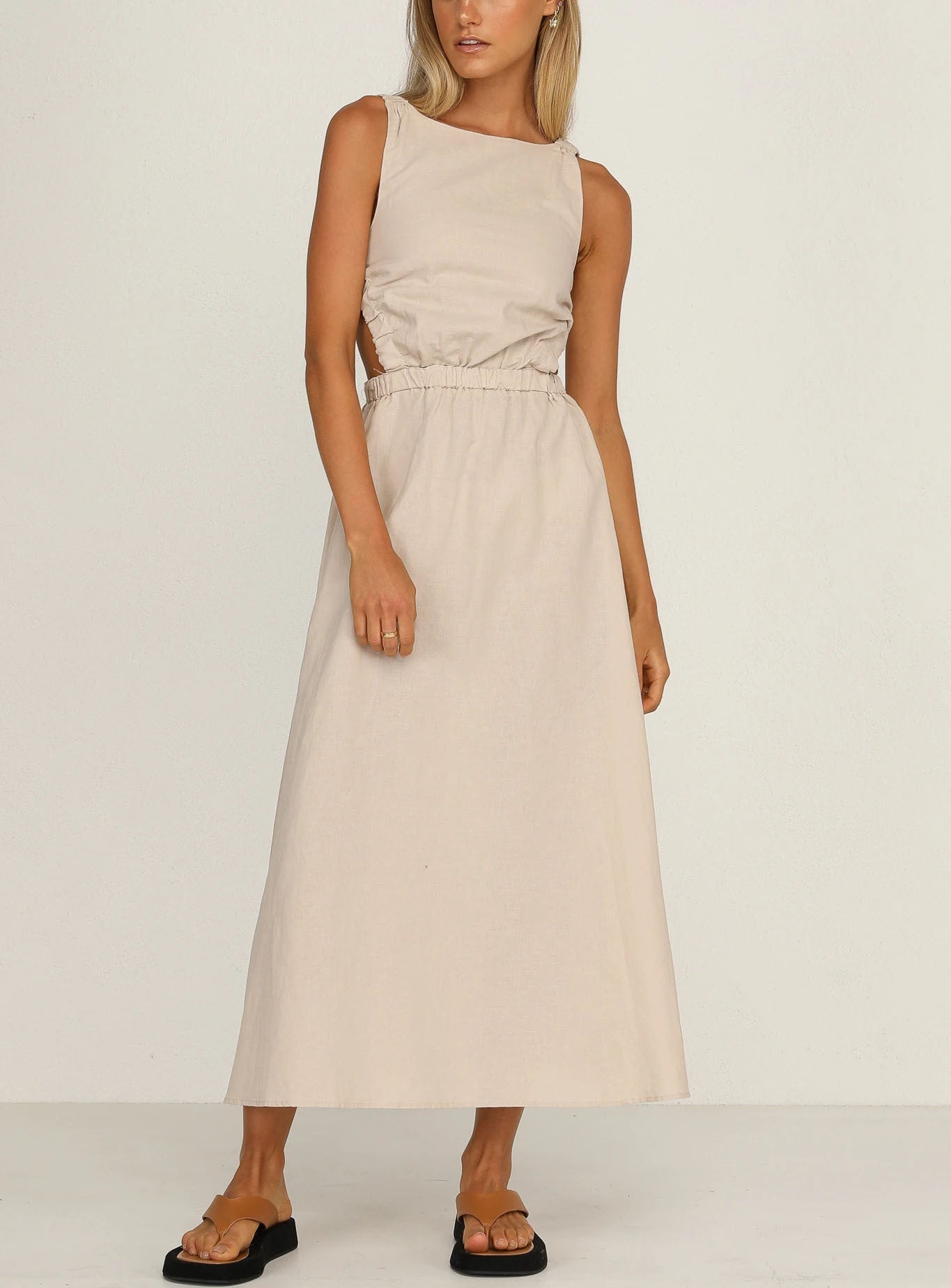 Vestido midi mujer con aberturas laterales algodón lino - Camila