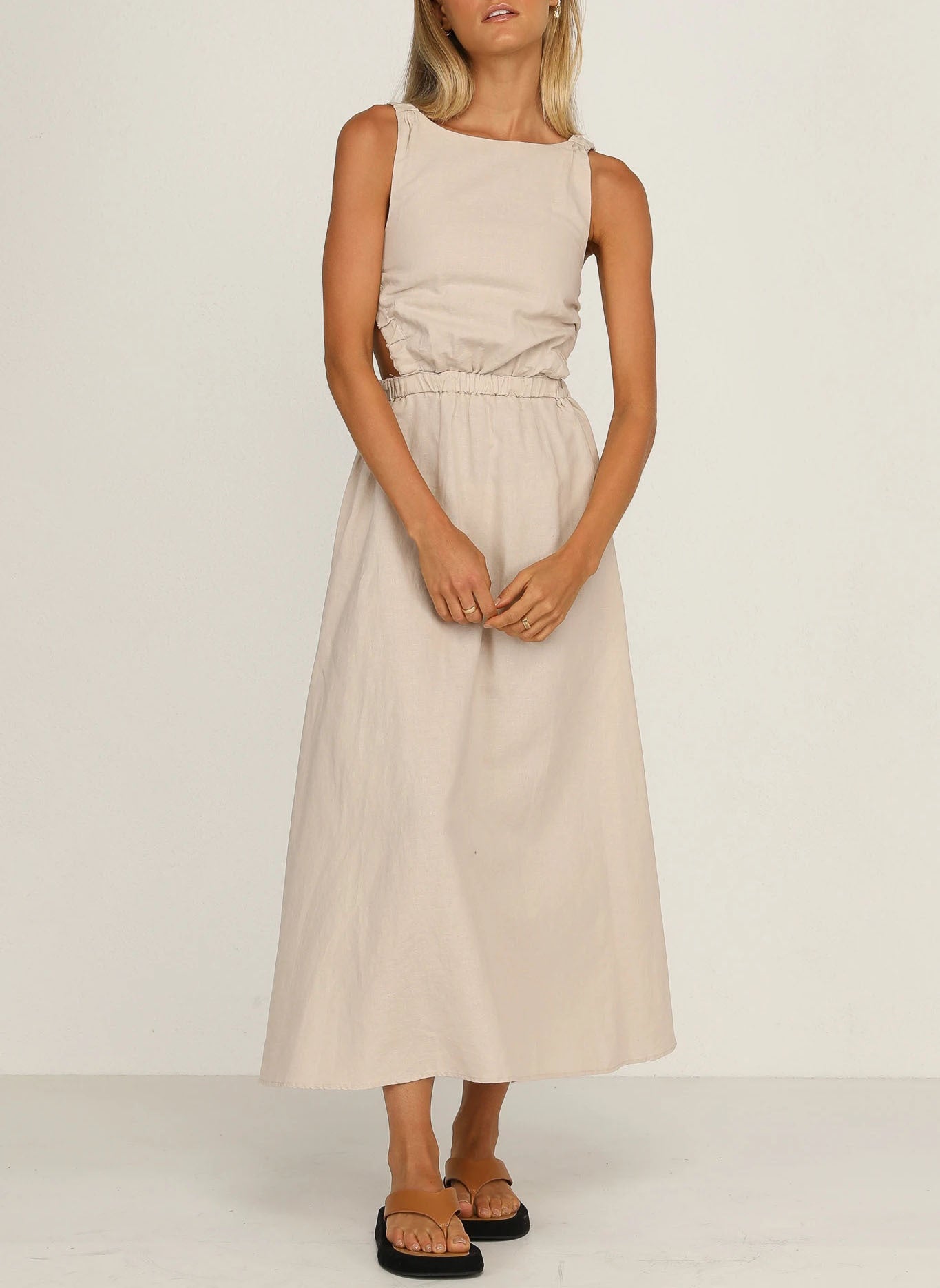 Vestido midi mujer con aberturas laterales algodón lino - Camila