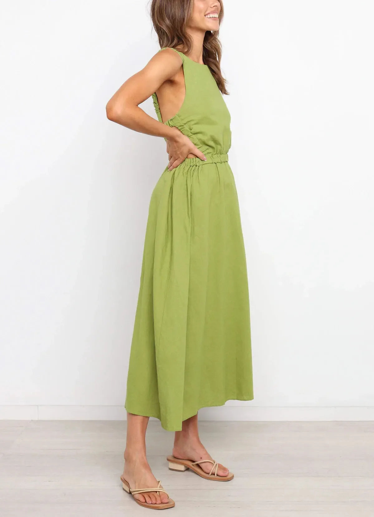 Vestido midi mujer con aberturas laterales algodón lino - Camila