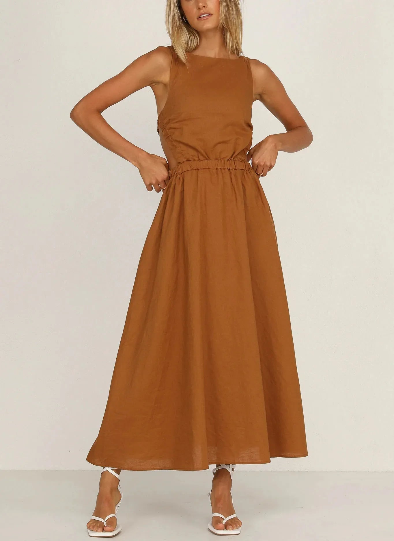 Vestido midi mujer con aberturas laterales algodón lino - Camila