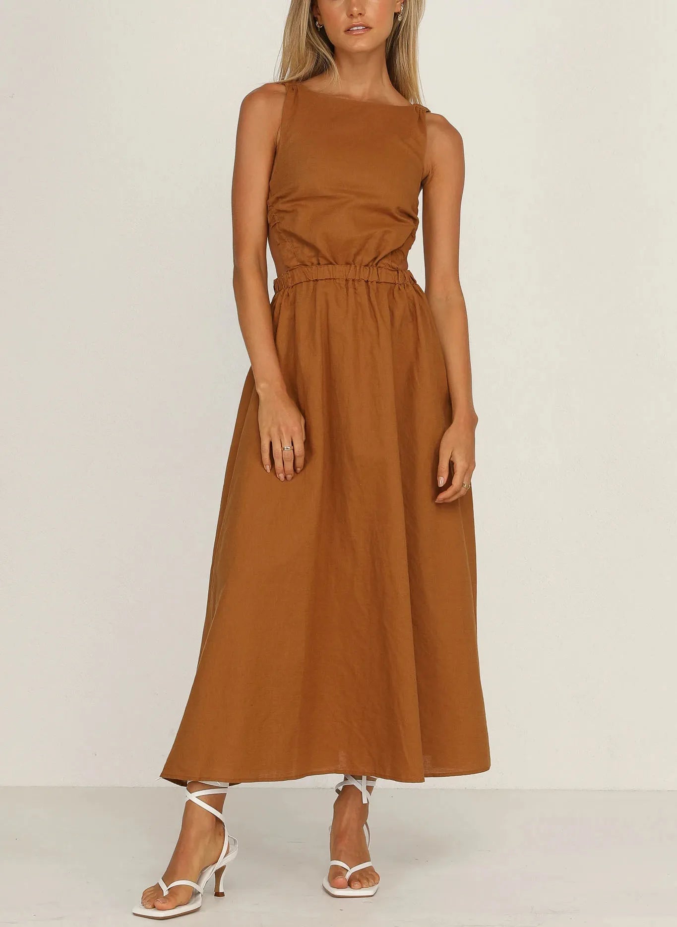 Vestido midi mujer con aberturas laterales algodón lino - Camila