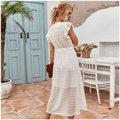 Vestido midi mujer gasa texturizada corte evasé - Adriana