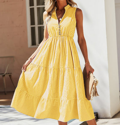 Vestido midi mujer sin mangas estilo camisero a rayas - Estela