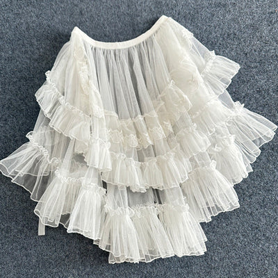 Elegante y romántica falda de doble capa con volantes de encaje de red perfecta para un look sofisticado y femenino