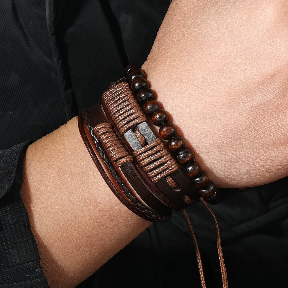 Pulsera hombre cuerda encerada y cuero diseño tribal 3 piezas - Terrakai