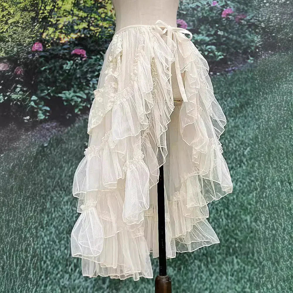 Elegante y romántica falda de doble capa con volantes de encaje de red perfecta para un look sofisticado y femenino